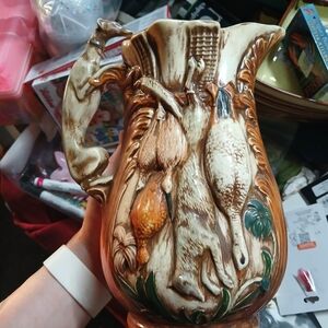 vintage ceramic hunting-scene pitcher prominent greyhound Handle Handmade Nell